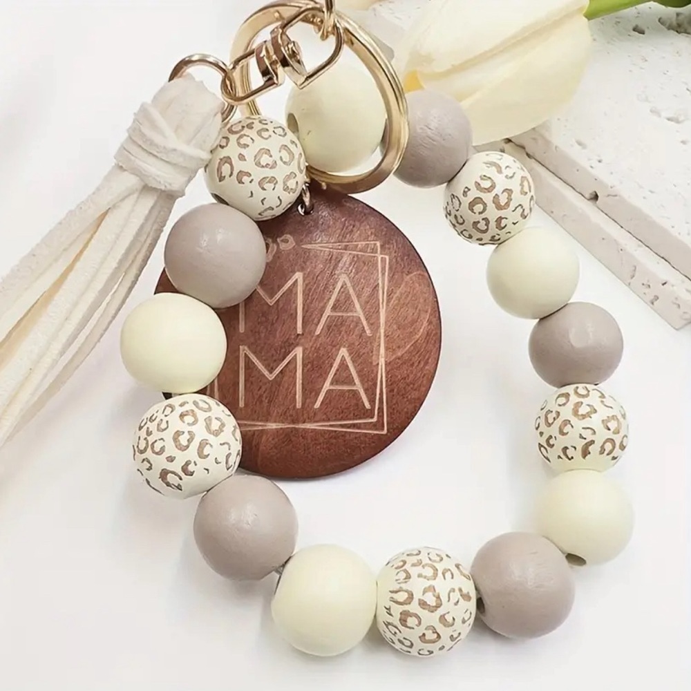 Wooden bead tassle mama keychain